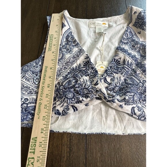 C&C California 100% Linen Top Womens Sz M Blue & White Crop Boho Coastal NWT - Picture 4 of 7